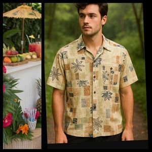 100% Silk Hawaiian Print Button Down Shirt Size Large by Bruno Designed in Italy